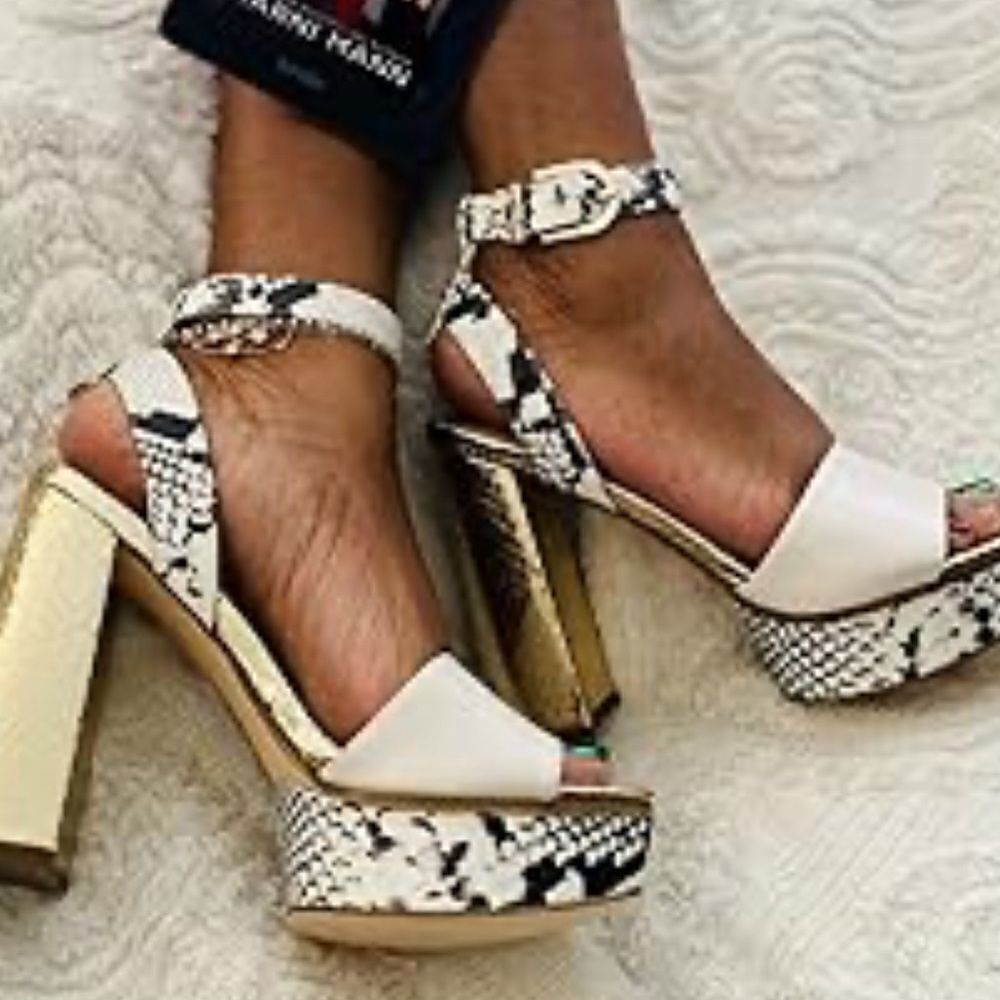 Guess Rippa Python & Gold Platform Strappy Heels … - image 1